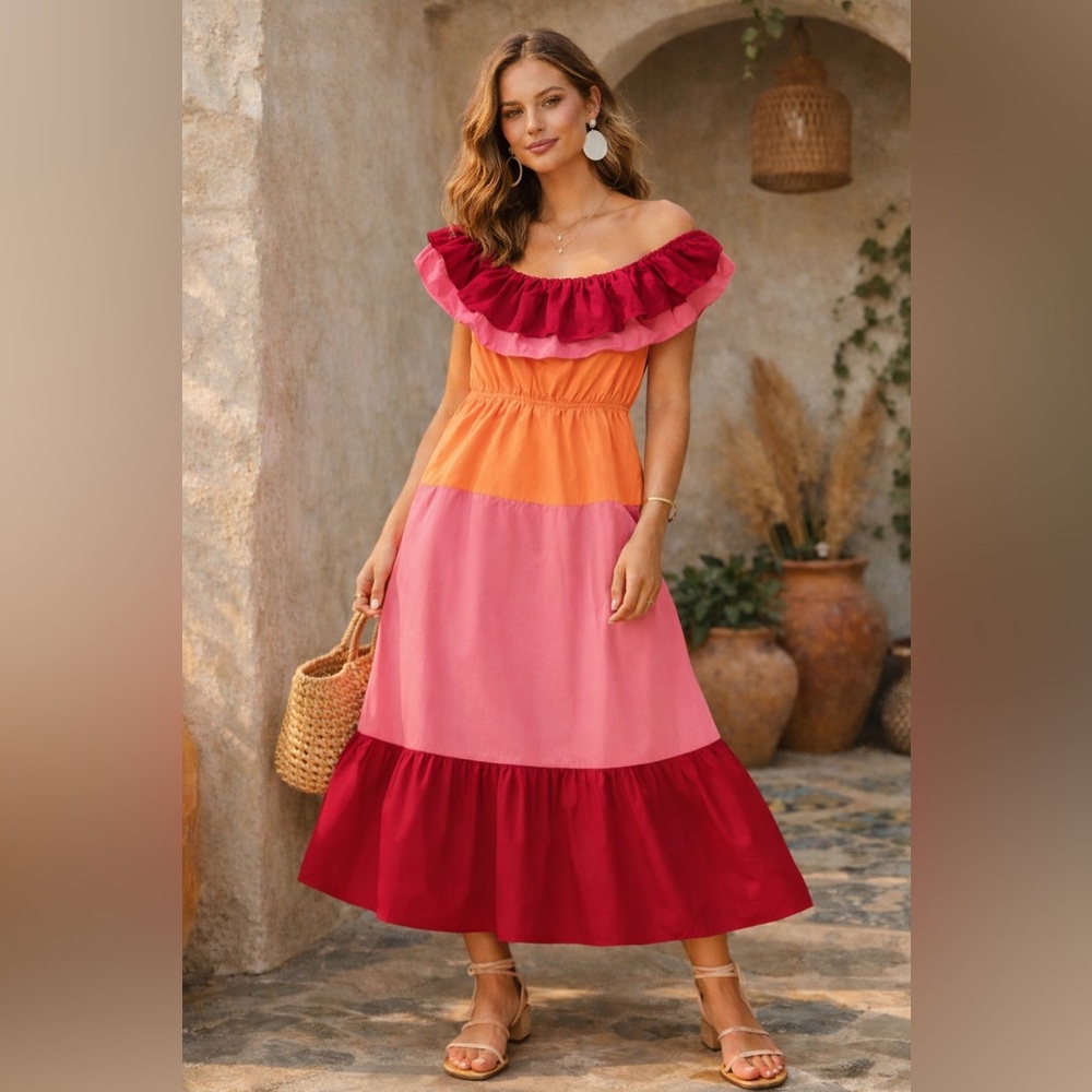 English Factory Colorblock Ruffle Off Shoulder Midi Dress Pink Orange Size L
